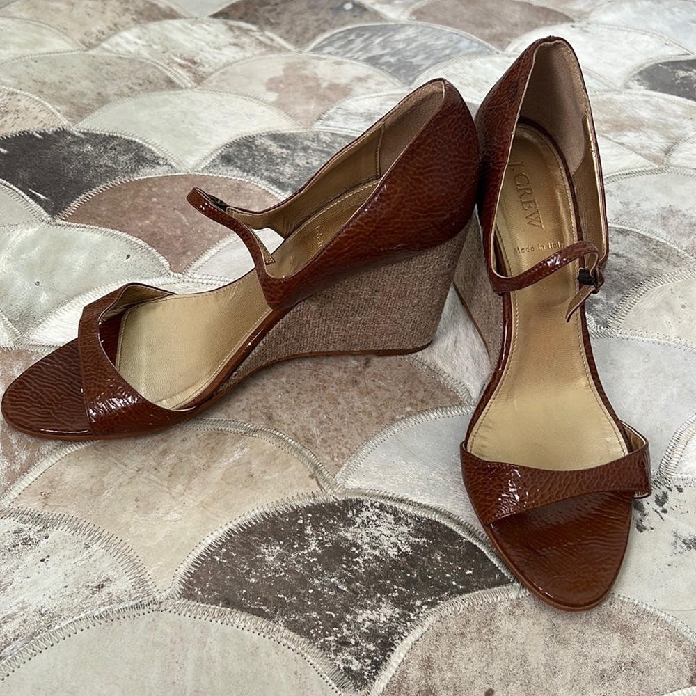 J Crew Brown Patent Leather and Linen Wedge Heeled Sandal Size 9.5